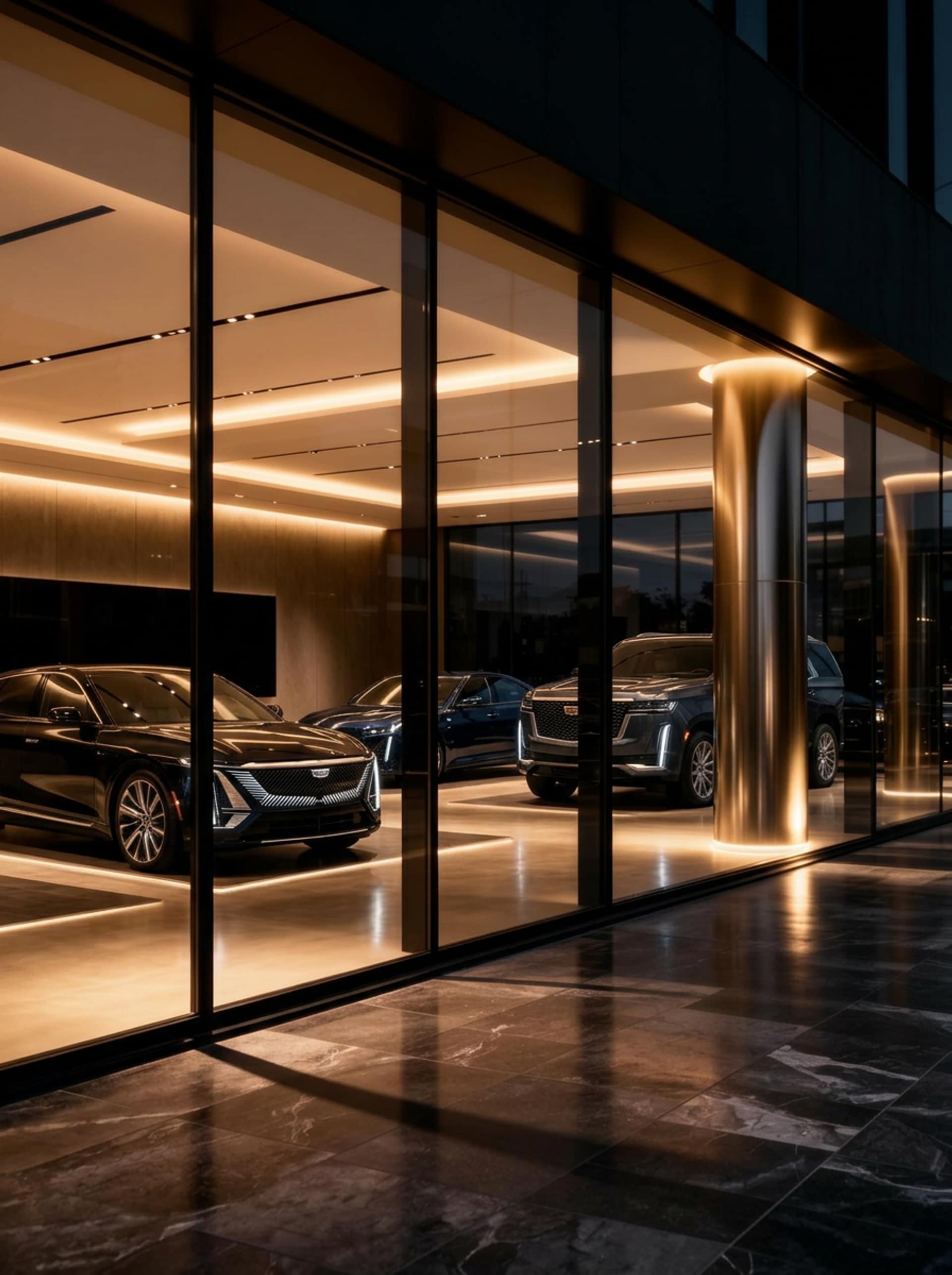 Luxury car dealership showroom at night viewed through glass