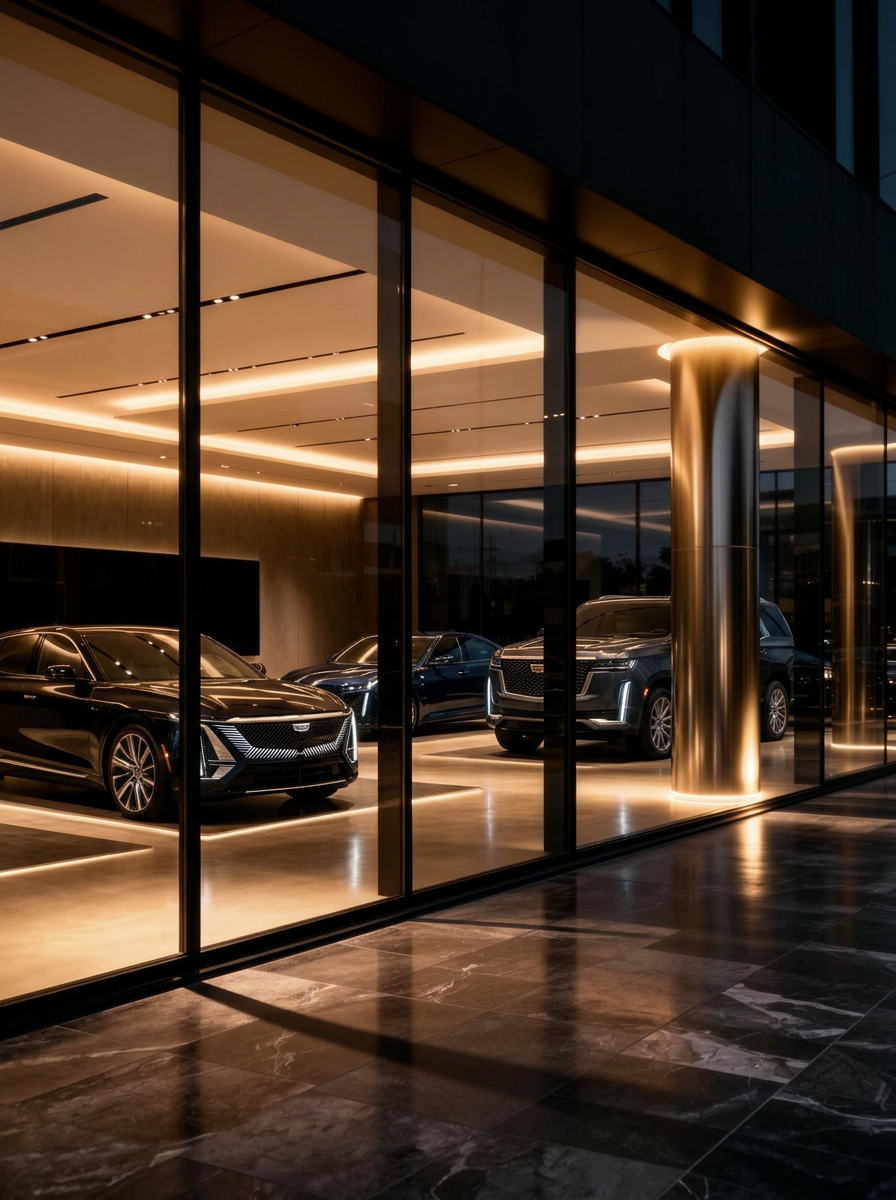 Luxury car dealership showroom at night viewed through glass