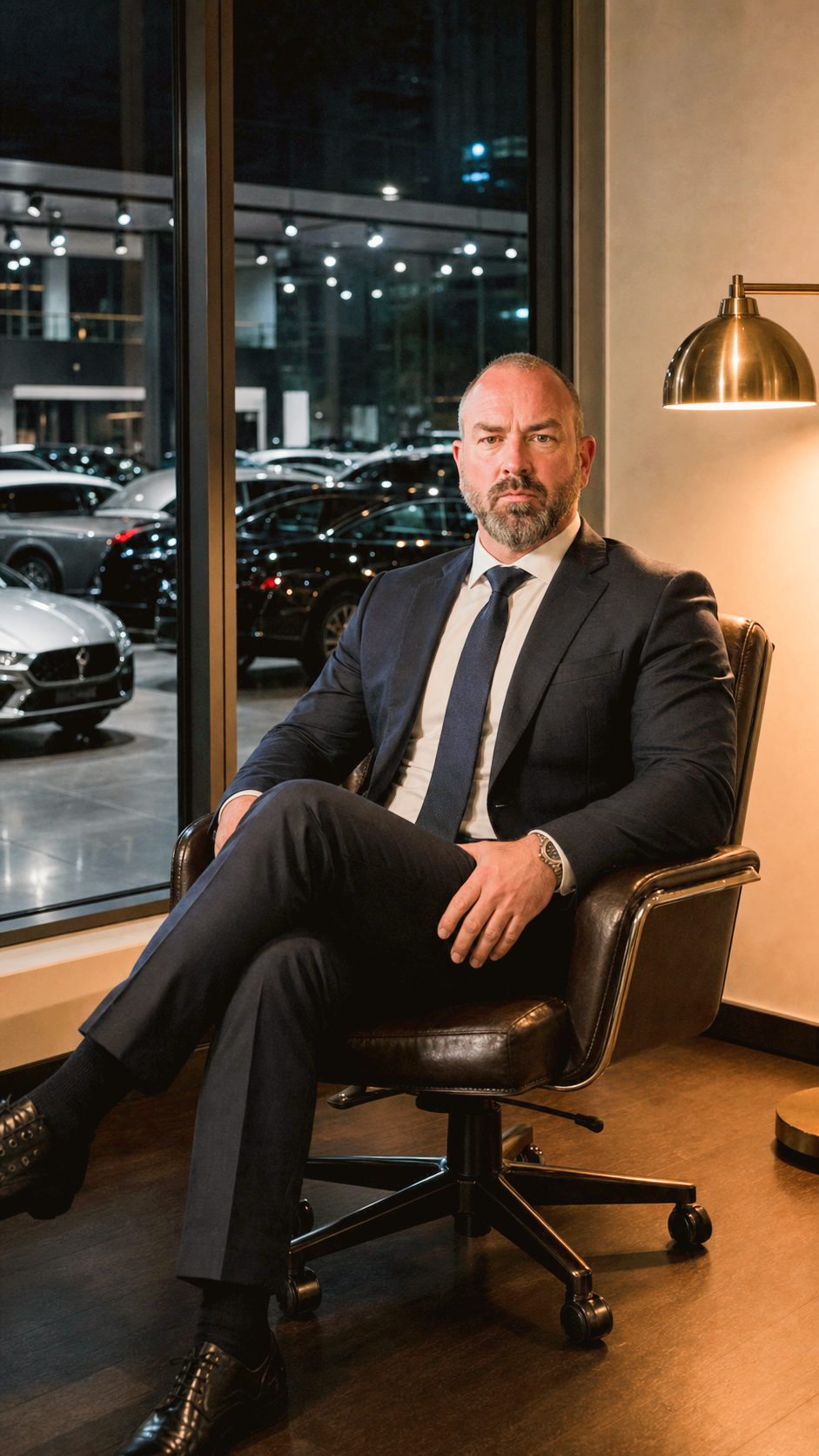 Jason Rigby, founder of Dealer Leadership, seated in an executive office overlooking a dealership showroom
